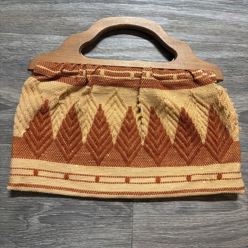 Vintage Woven Fabric Clutch Wooden Top Handles Geometric Earth Tones 70s Boho - Picture 2 of 8